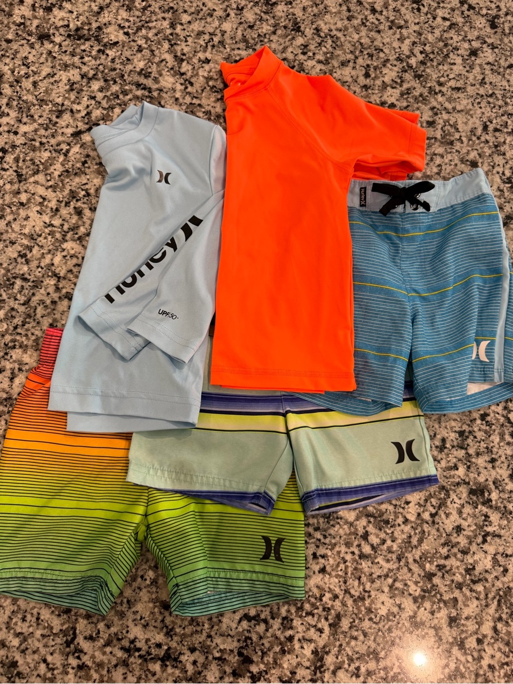 Hurley Kids Orange Rash Guard with Blue & Green Swim Shorts Set